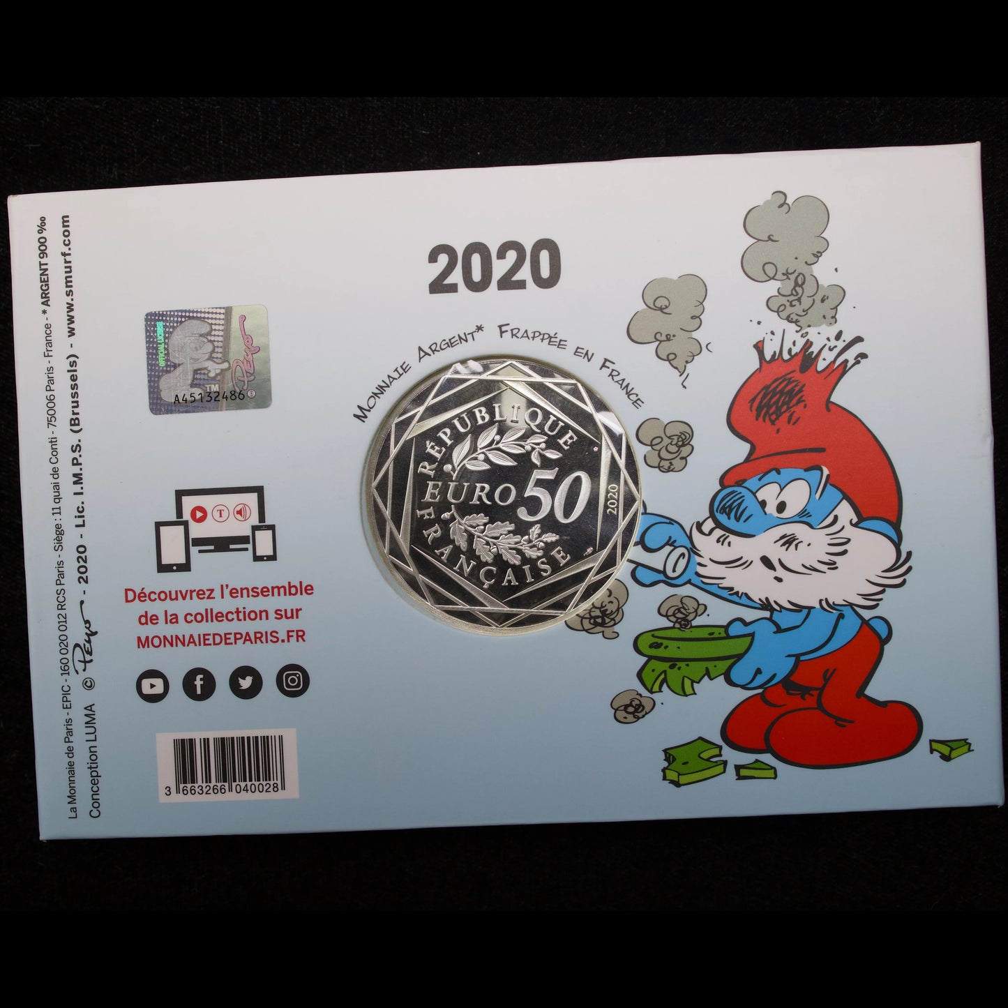 Monnaie de Paris 50 Euros 2020 - Le Grand Schtroumpf - Argent  - 41 gr