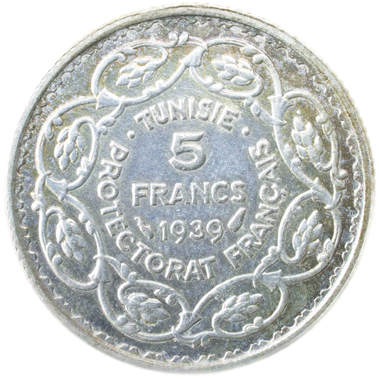 🇹🇳 Tunisia Ahmad II Pasha (1929-1942) French protectorate 5 francs 1939 ١٣٥٨ 4.96 gr Sup