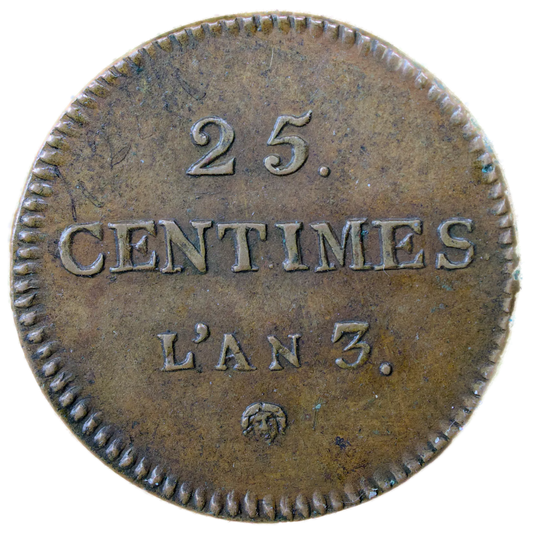 Convention (1792-1795) ESSAY 25 Centimes Dupré Year 3 Paris - reverse without the bar - 5.64 gr