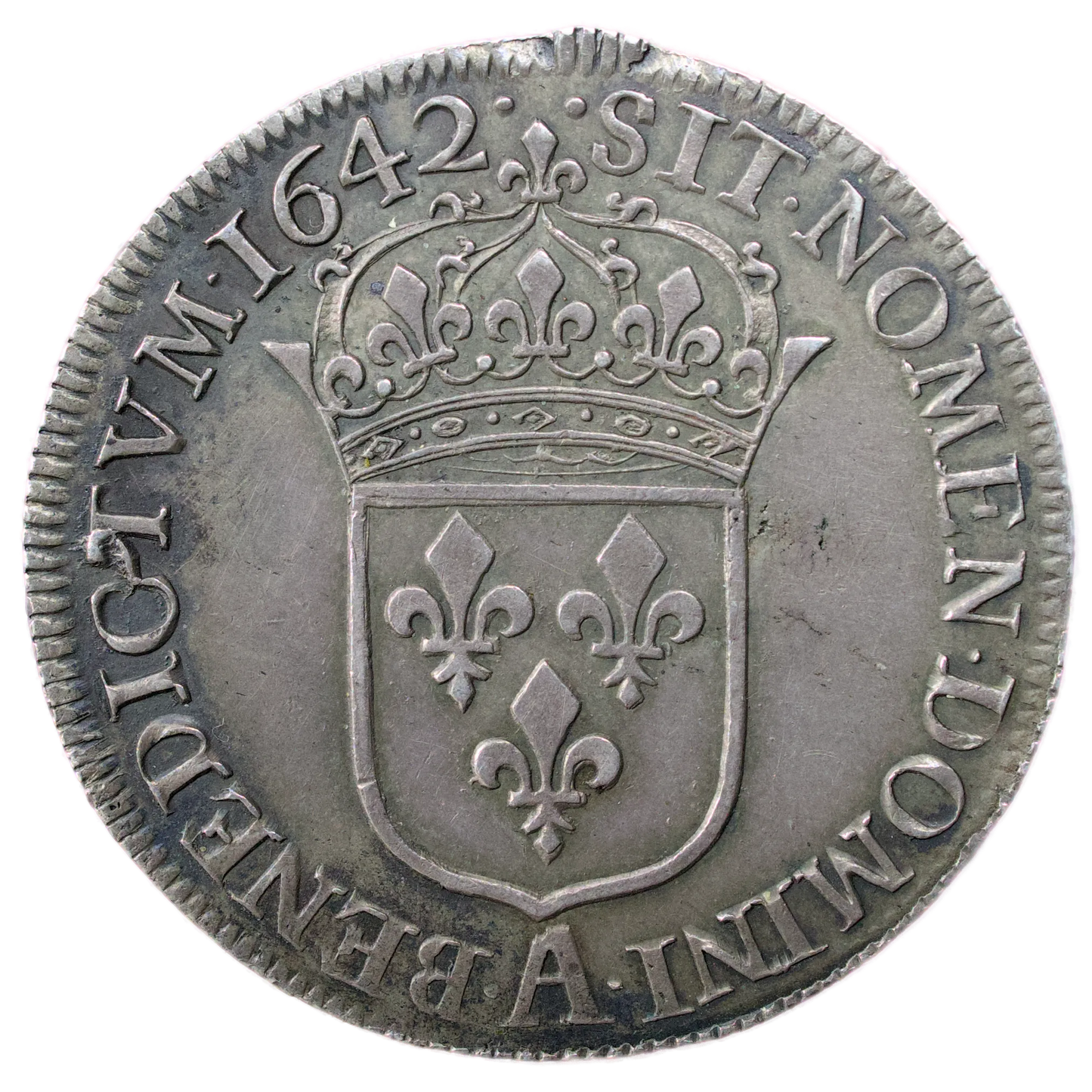 Louis XIII (1610-1643) 1/2 écu 1er poinçon de Warin 1642 Argent 13.60 gr variété 2 points