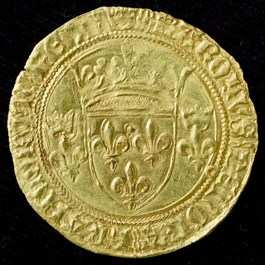 Charles VII (1422-1461) Écu d'or à la couronne 3e type ou écu neuf - point 9ème La Rochelle 3.45 gr Flan Large