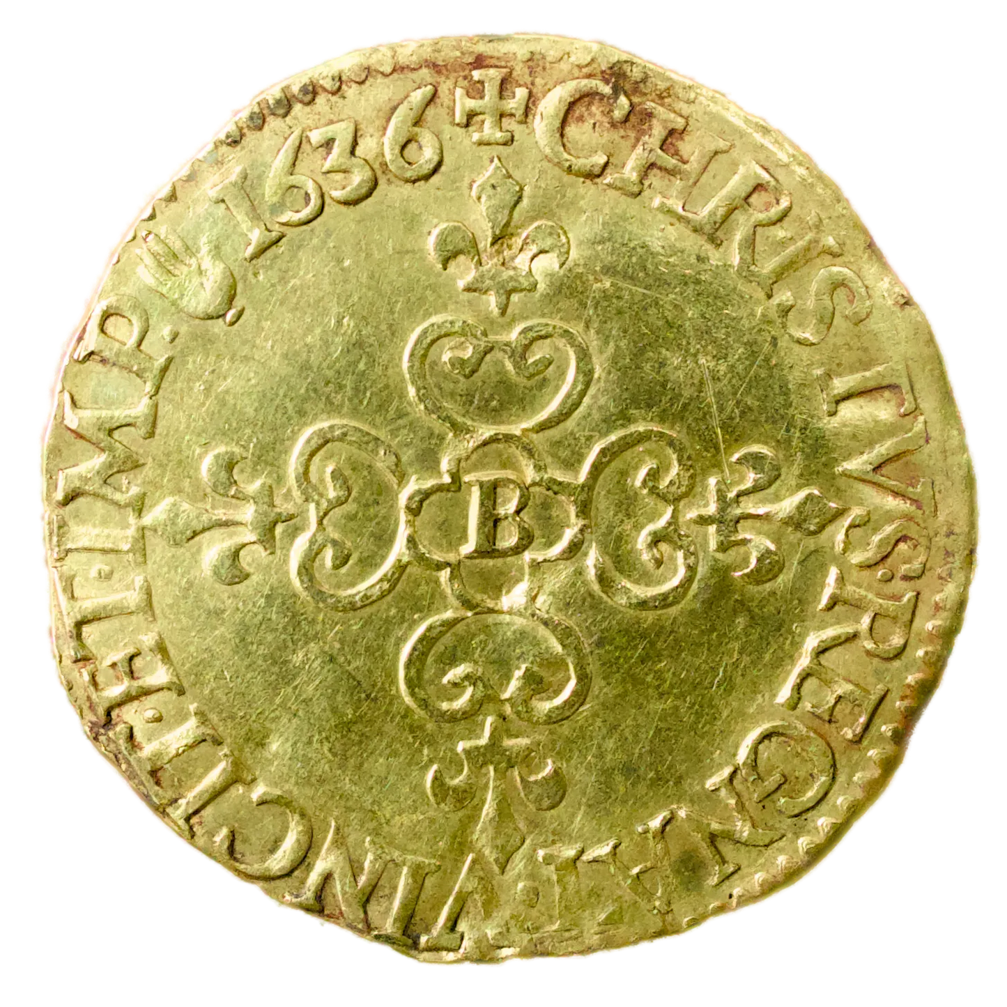 Louis XIII (1610-1643) Écu d'or frappe au marteau 1636 B Rouen Or 3.35 gr