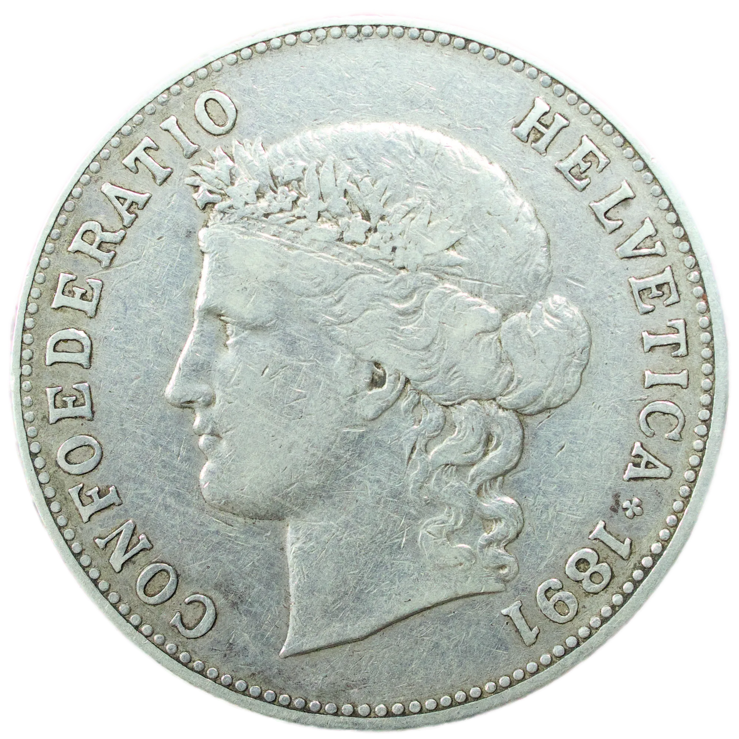 🇨🇭 Switzerland 5 Francs Head of Helvetia Confoederatio Helvetica 1891 silver 24.89 gr