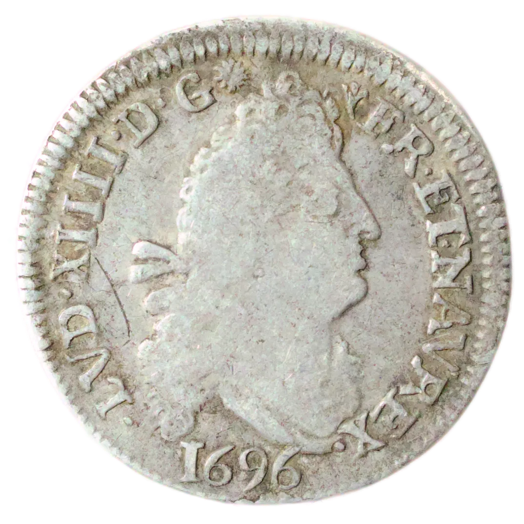 Louis XIV (1643-1715) Quatre sols aux 2L 1696 Y Bourges 1.42 gr Extrêmement Rare Non référencé au Gadoury