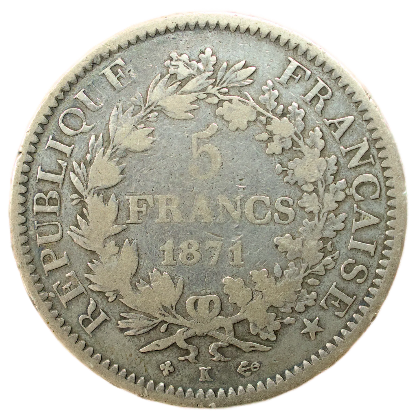 Gouvernement de Défense Nationale (1870-1871) 5 Francs Hercule 1871 K Bordeaux argent 24.49 gr