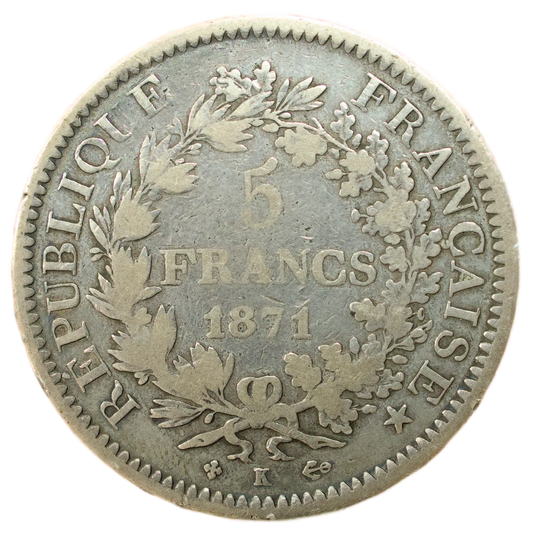 Gouvernement de Défense Nationale (1870-1871) 5 Francs Hercule 1871 K Bordeaux argent 24.49 gr