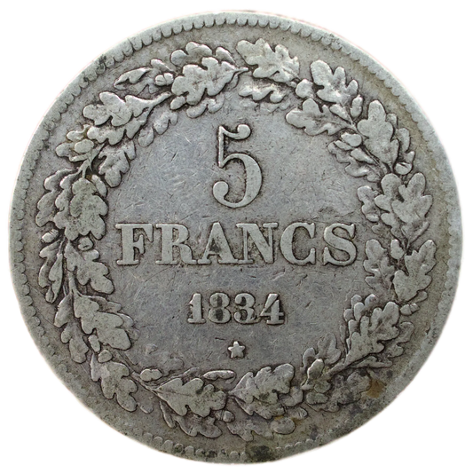 🇧🇪 Belgique Léopold Ier (1832-1849) 5 Francs 1834 Tranche A argent 24.69 gr