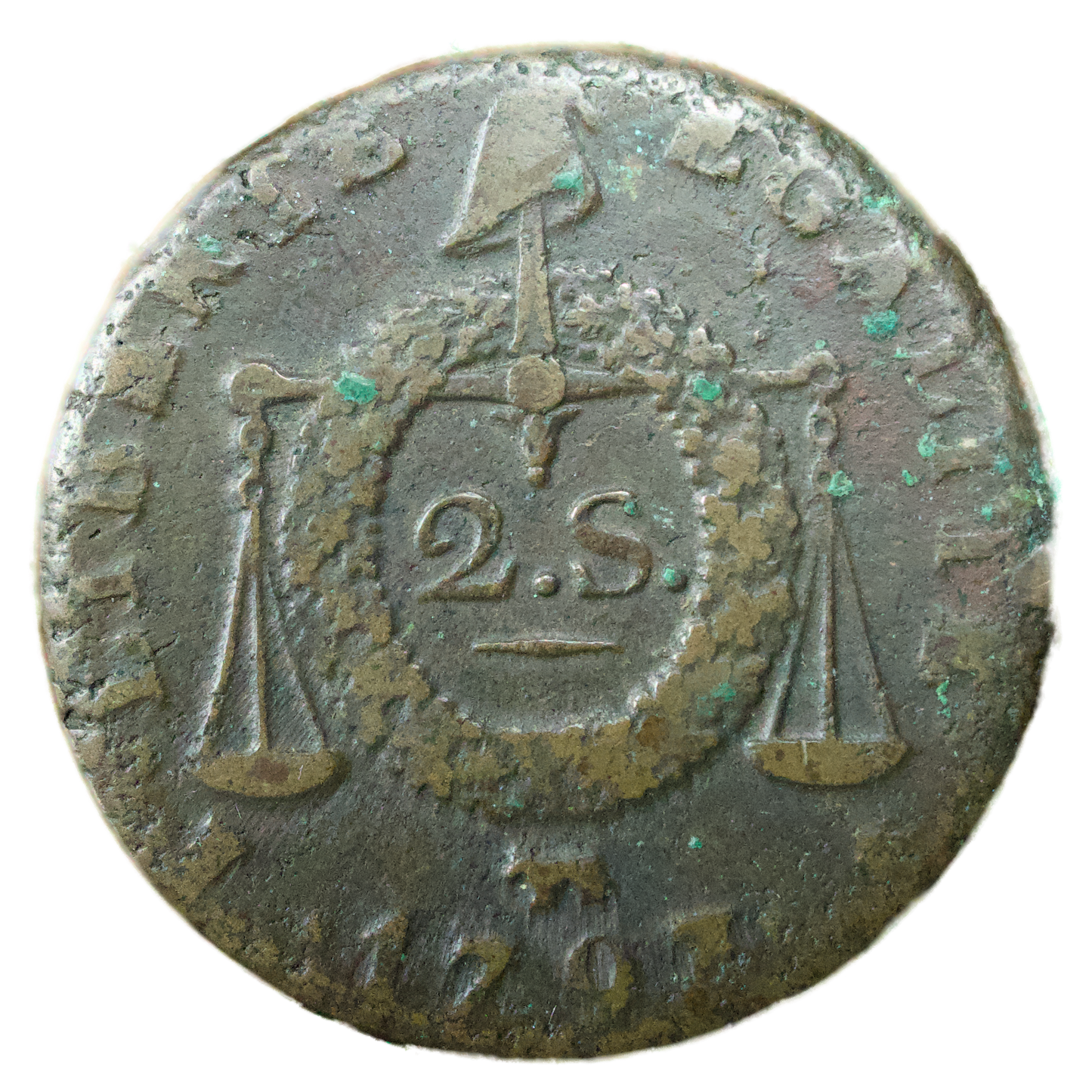 Constitution (1791-1793) 2 Sols à la balance 1793 Vaquette Pau 25.10 gr