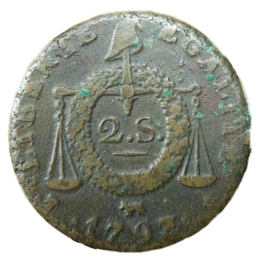 Constitution (1791-1793) 2 Sols à la balance 1793 Vaquette Pau 25.10 gr