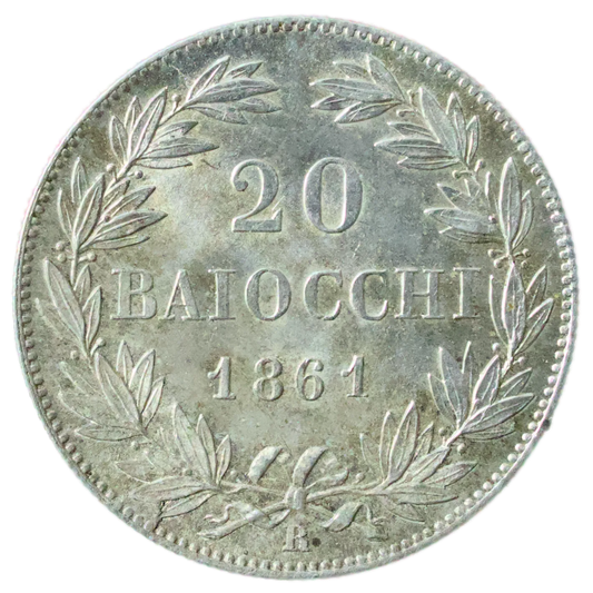 Vatican 🇻🇦 Pie IX (1849-1866) 20 Baiocchi (XVI) 1861 R Rome Ag 5.71 gr