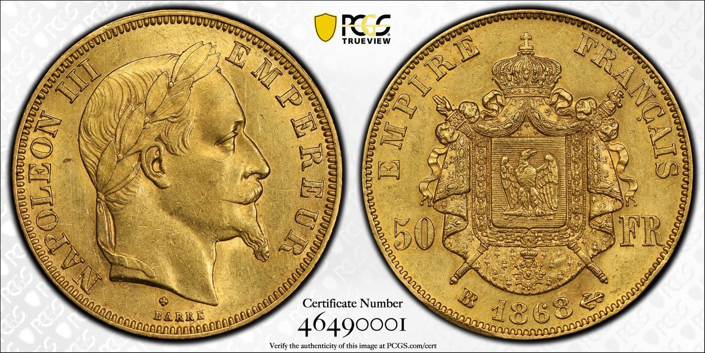 Napoléon III (1852-1870) 50 Francs Or 1868 BB Strasbourg 16,12 gr PCGS AU58 SUP RARE 1795 exemplaires !