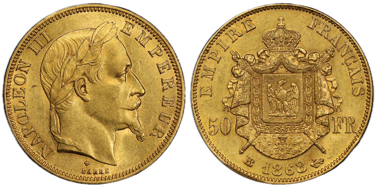 Napoléon III (1852-1870) 50 Francs Or 1868 BB Strasbourg 16,12 gr PCGS AU58 SUP RARE 1795 exemplaires !