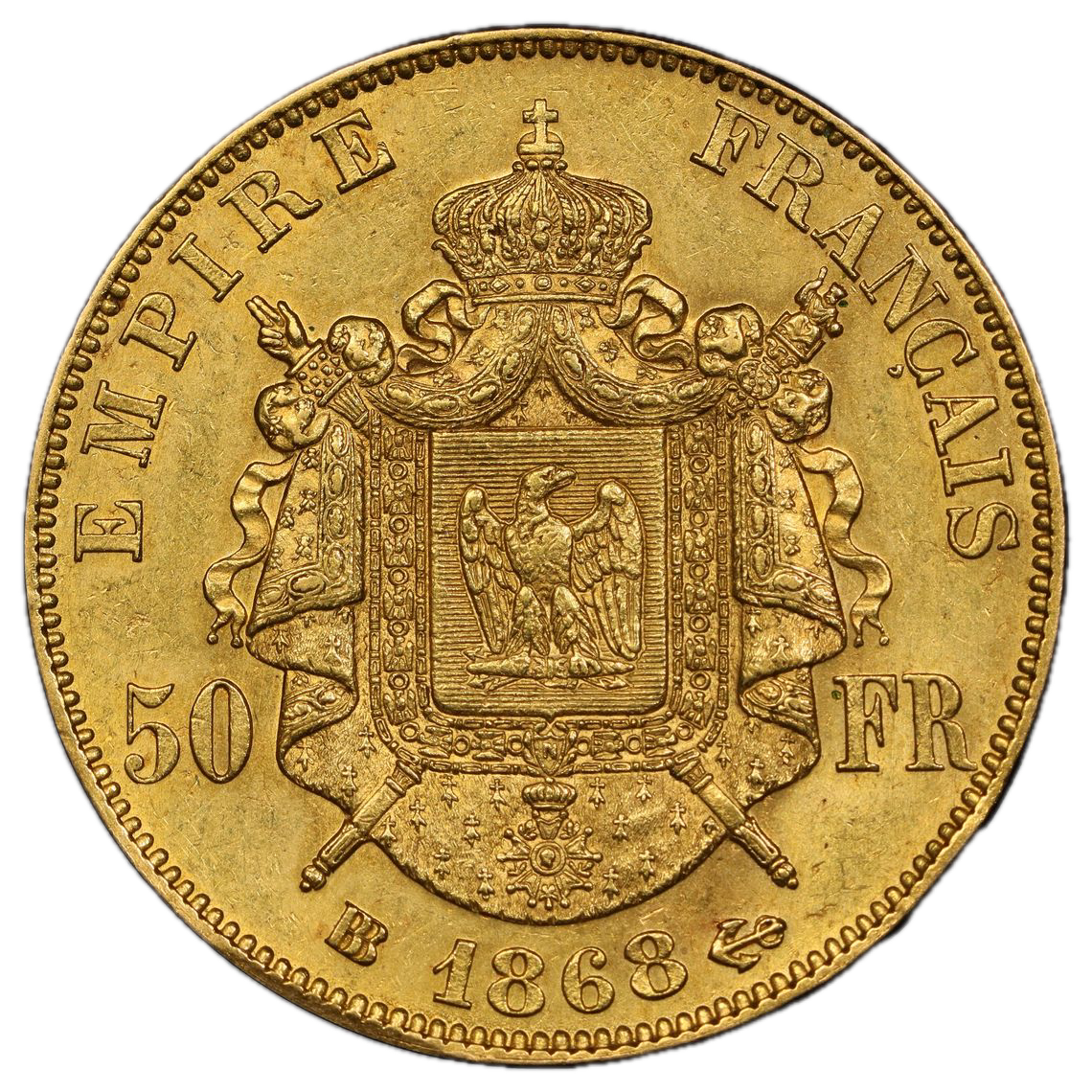 Napoléon III (1852-1870) 50 Francs Or 1868 BB Strasbourg 16,12 gr PCGS AU58 SUP RARE 1795 exemplaires !