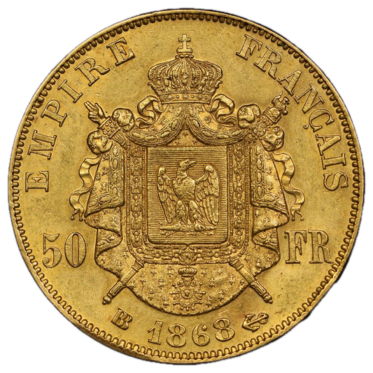 Napoleon III (1852-1870) 50 Francs Gold 1868 BB Strasbourg 16.12 gr PCGS AU58 SUP RARE 1795 copies!