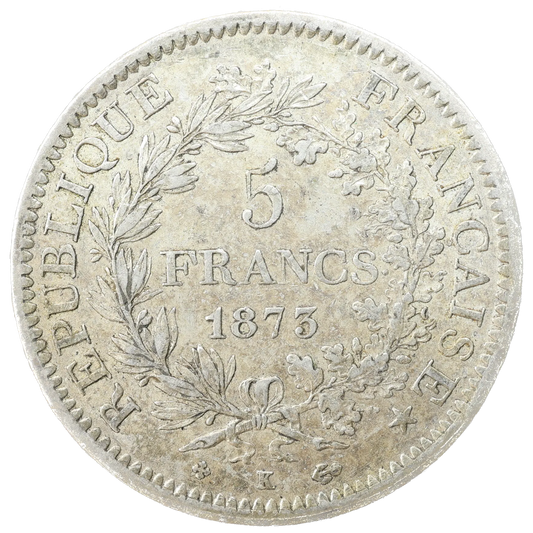 Tercera República 5 francos Hércules 1873 K Burdeos 24,92 gr Plata Hermosa pátina