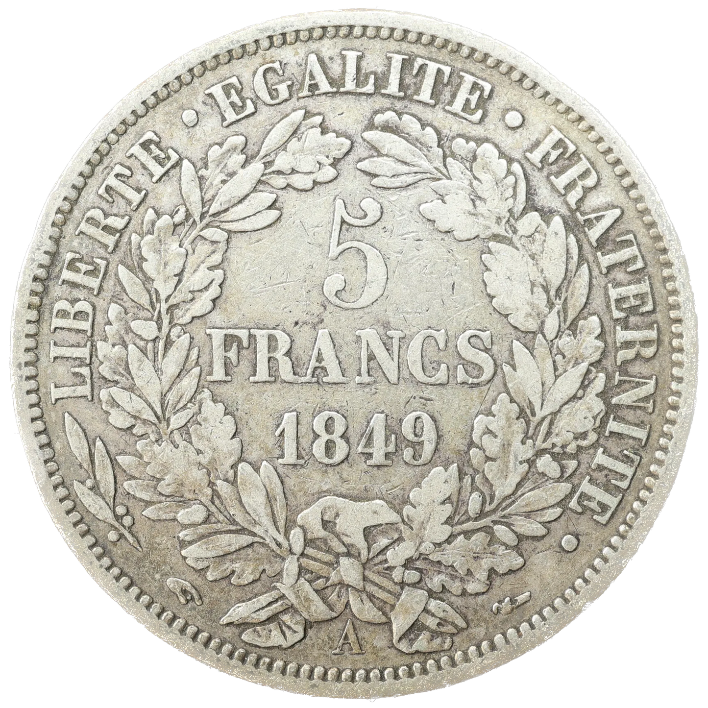 Segunda República (1848-1852) 5 Francs Cérès 1849 A Plata 24,69 gr perro de mano