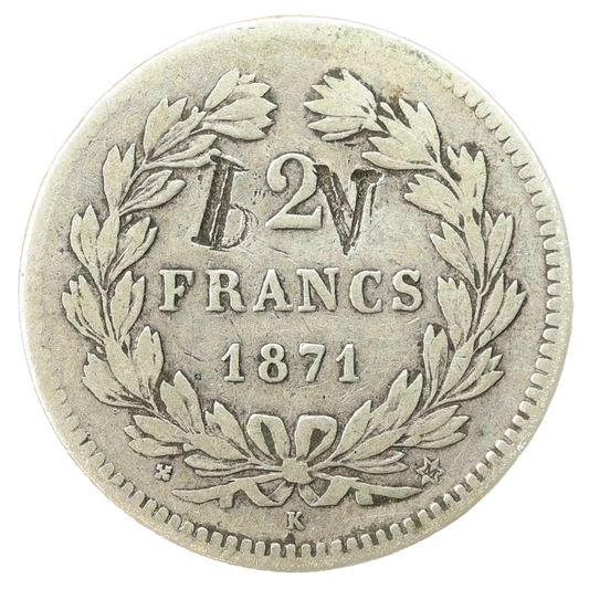 2 Francos Cérès sin leyenda 1871 K Burdeos Plata 9,77 gr bV grabado