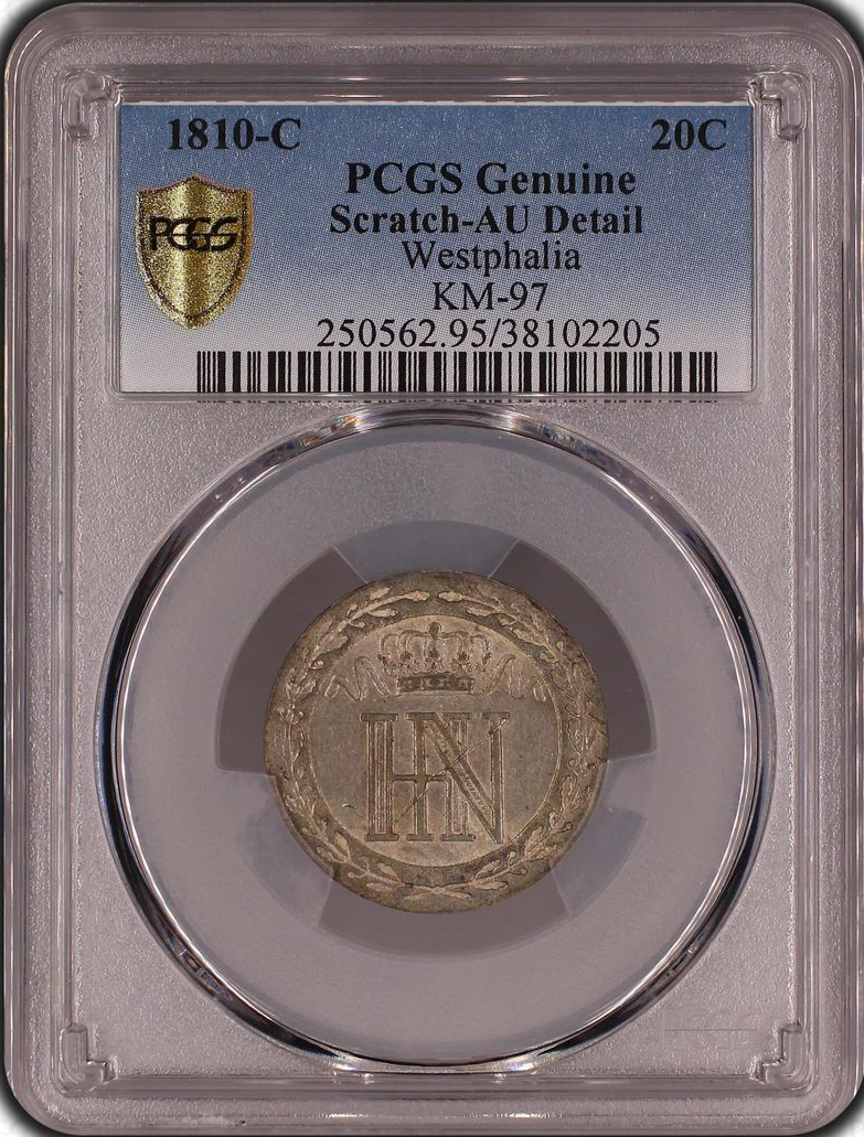 Westfalia / Alemania 20 Céntimos 1810 C Billon PCGS Genuino