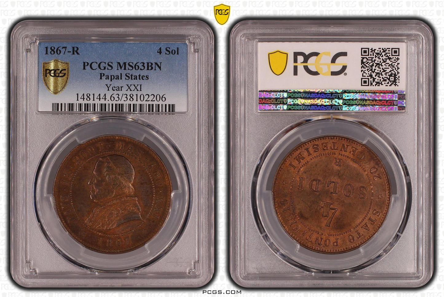 ESTADOS POPALOS Pío IX (1846-1878) 4 soldo 20 Centesimi 1867-R - Año 21 - PCGS MS63BN