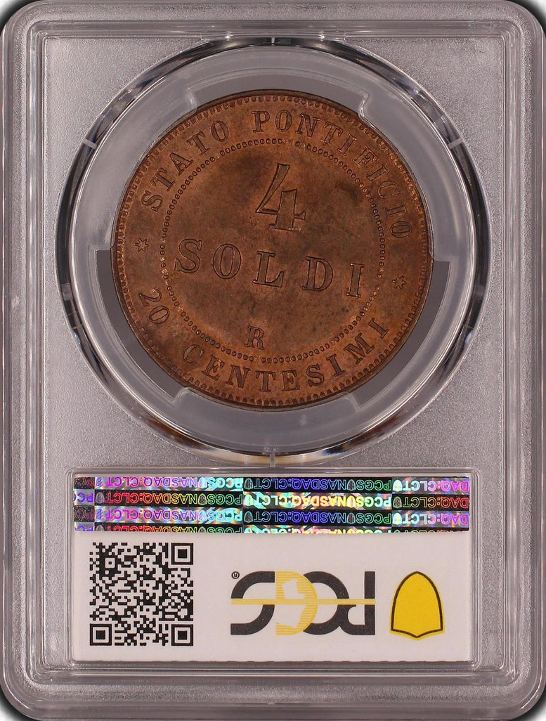 ESTADOS POPALOS Pío IX (1846-1878) 4 soldo 20 Centesimi 1867-R - Año 21 - PCGS MS63BN