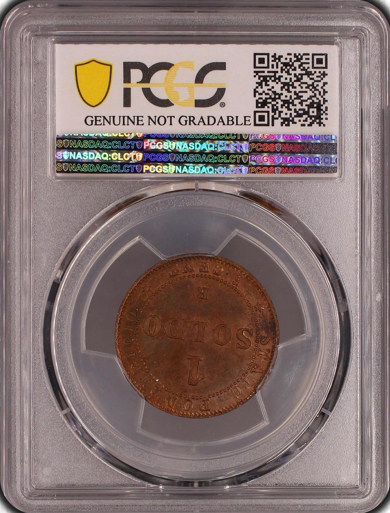 ESTADOS POPALOS Pío IX (1846-1878) 1 soldo 5 Cent 1867-R año 21 fecha pequeña PCGS Genuino