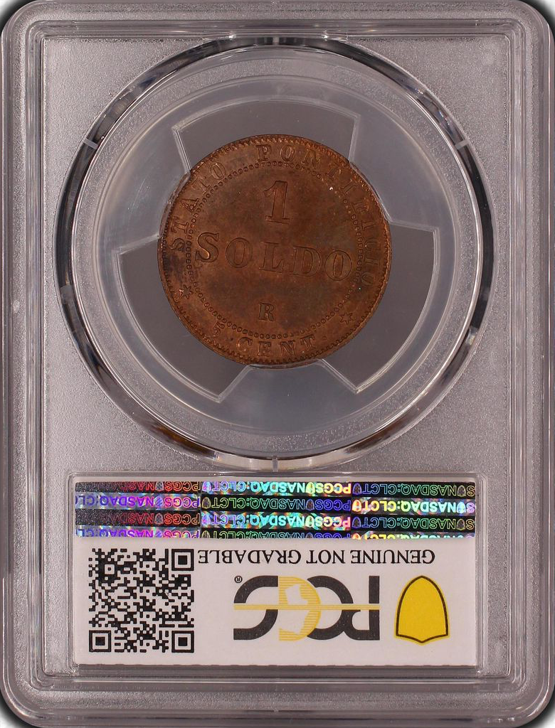 ESTADOS POPALOS Pío IX (1846-1878) 1 soldo 5 Cent 1867-R año 21 fecha pequeña PCGS Genuino