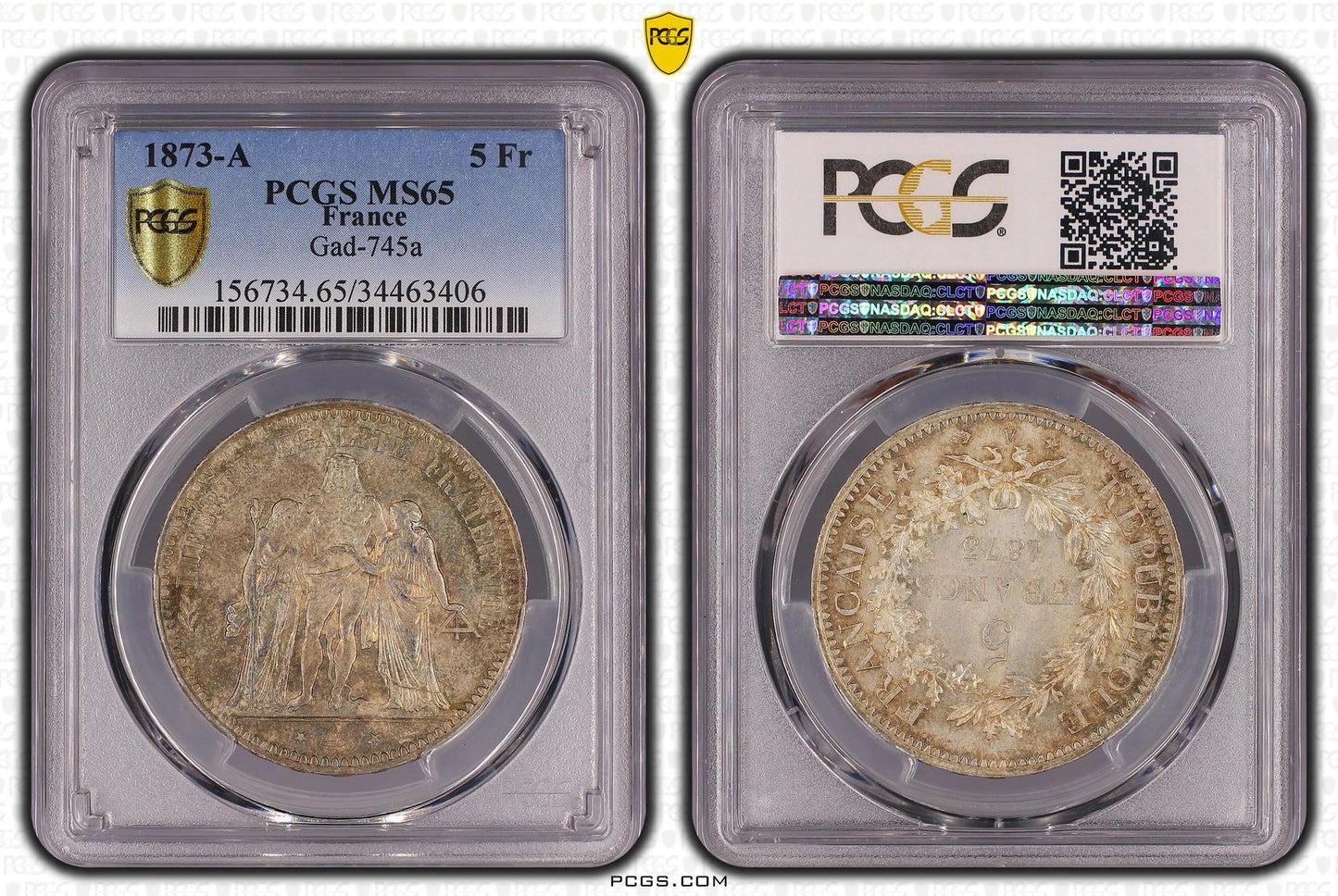 Tercera República - 5 francos Hércules 1873 A París - PCGS MS65