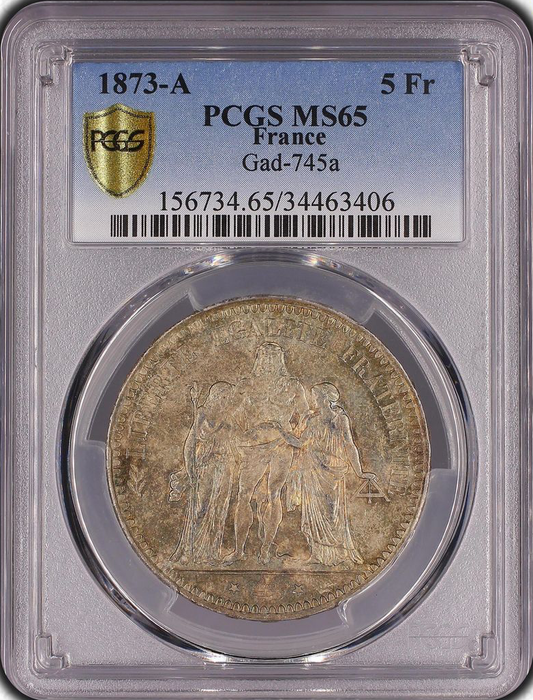 Tercera República - 5 francos Hércules 1873 A París - PCGS MS65