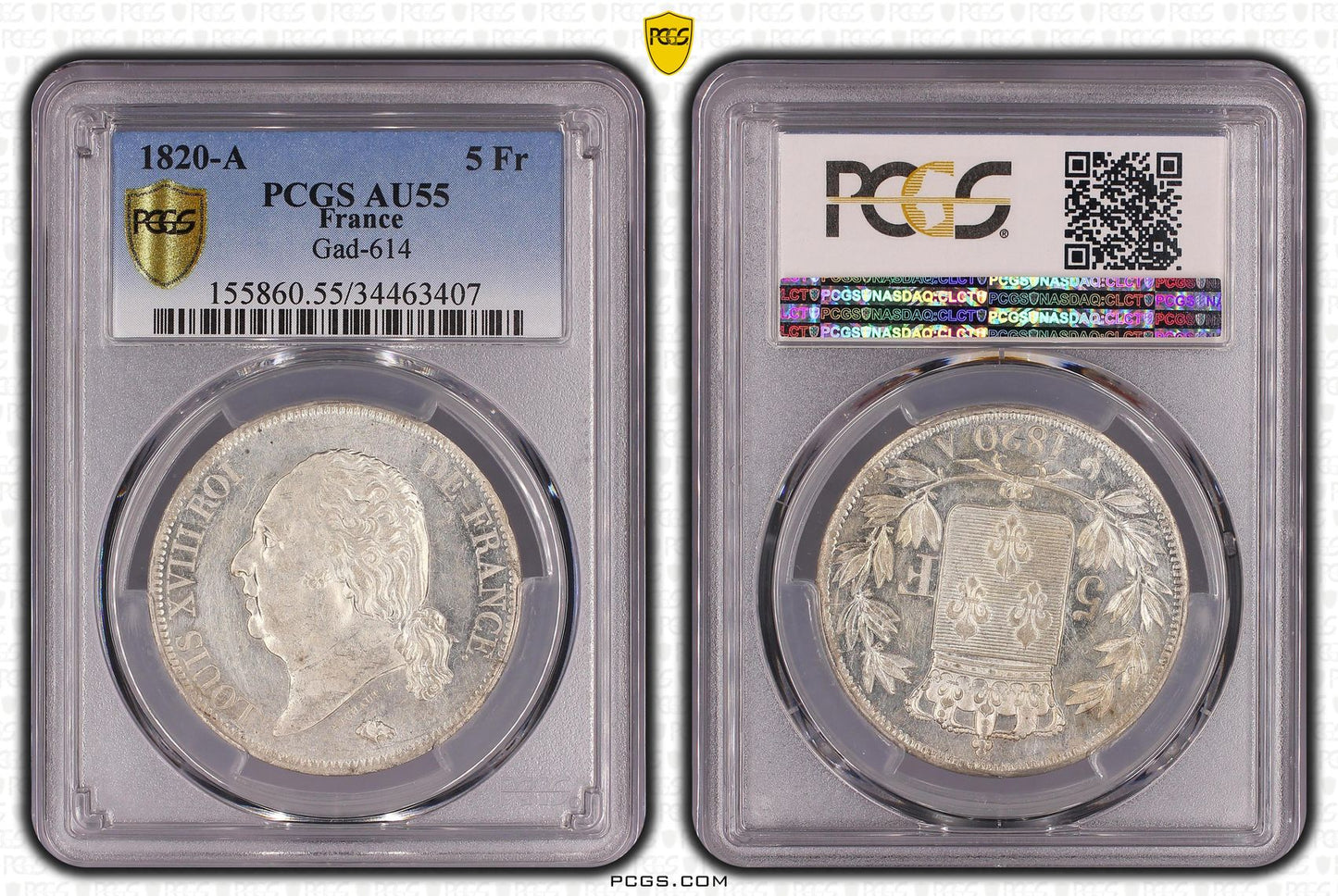 Luis XVIII (1815-1824) 5 francos 1820 A París - PCGS AU55 (SUPERBE)