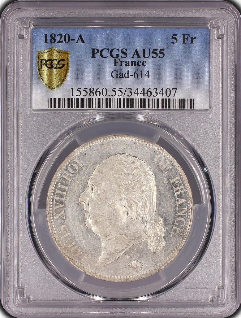 Luis XVIII (1815-1824) 5 francos 1820 A París - PCGS AU55 (SUPERBE)