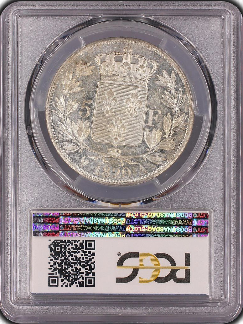 Luis XVIII (1815-1824) 5 francos 1820 A París - PCGS AU55 (SUPERBE)