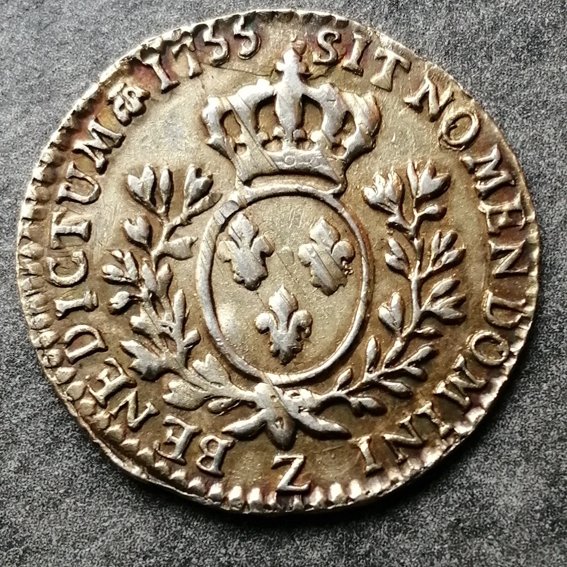 Luis XV (1715-1774) Escudo 1/10 con diadema 1755 Z Grenoble - 2,91 gr - L4L. cuatrocientos noventa y siete