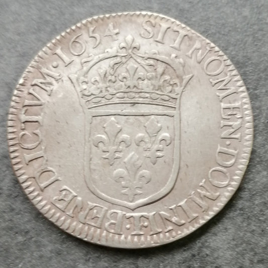 Luis XIV (1643-1715) 1/2 ecu con mecha larga - Cruz de Malta - 1654 T Nantes 13,54 gr - L4L. 164