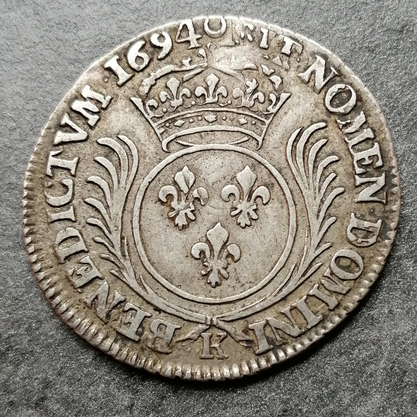 Luis XIV (1643-1715) 1/4 corona con palmas 1694 K Burdeos 6,38 gr - L4L 261