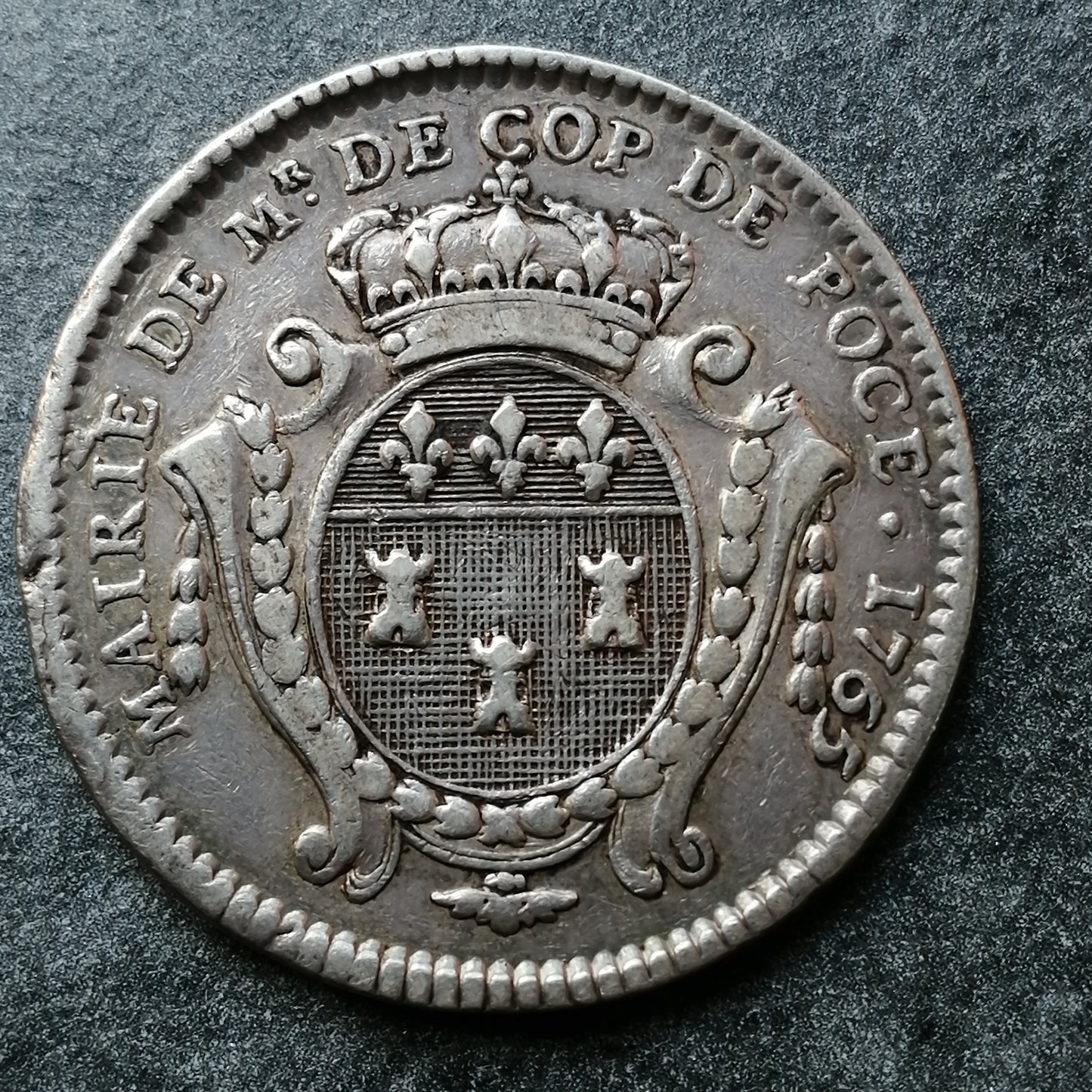 Touraine token René de Cop de Pocé Mayor of Tours 1765 Silver 9.76 gr 29 mm