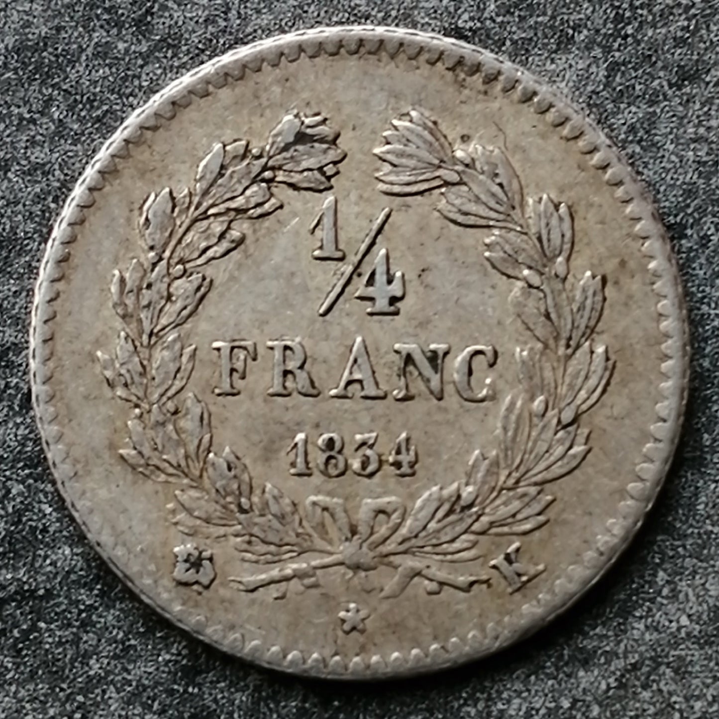 Luis Felipe (1830-1848) 1/4 franco 1834 K Burdeos 1,23 gr Plata G.355