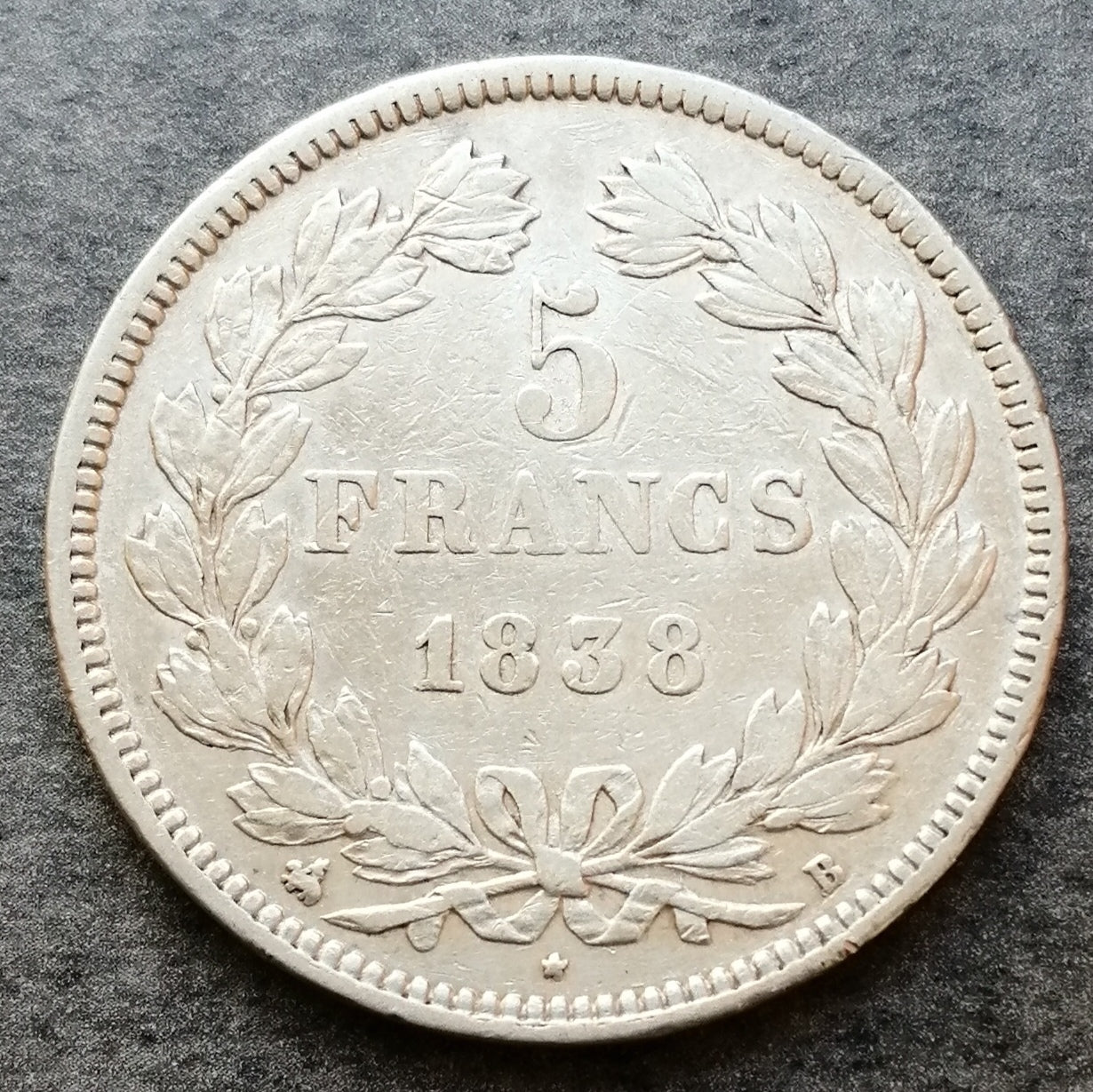 Luis Felipe (1830-1848) 5 francos 1838 B Rouen Plata - 24,95 gr - G. 678