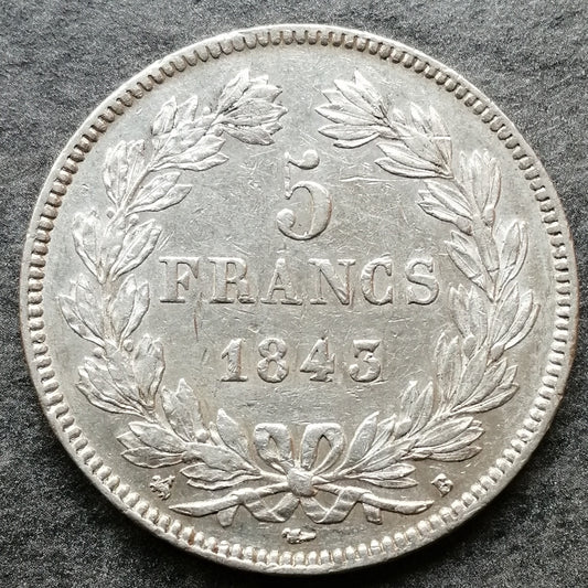 Luis Felipe (1830-1848) 5 francos 1843 B Rouen Plata - 25,01 gr - G. 678