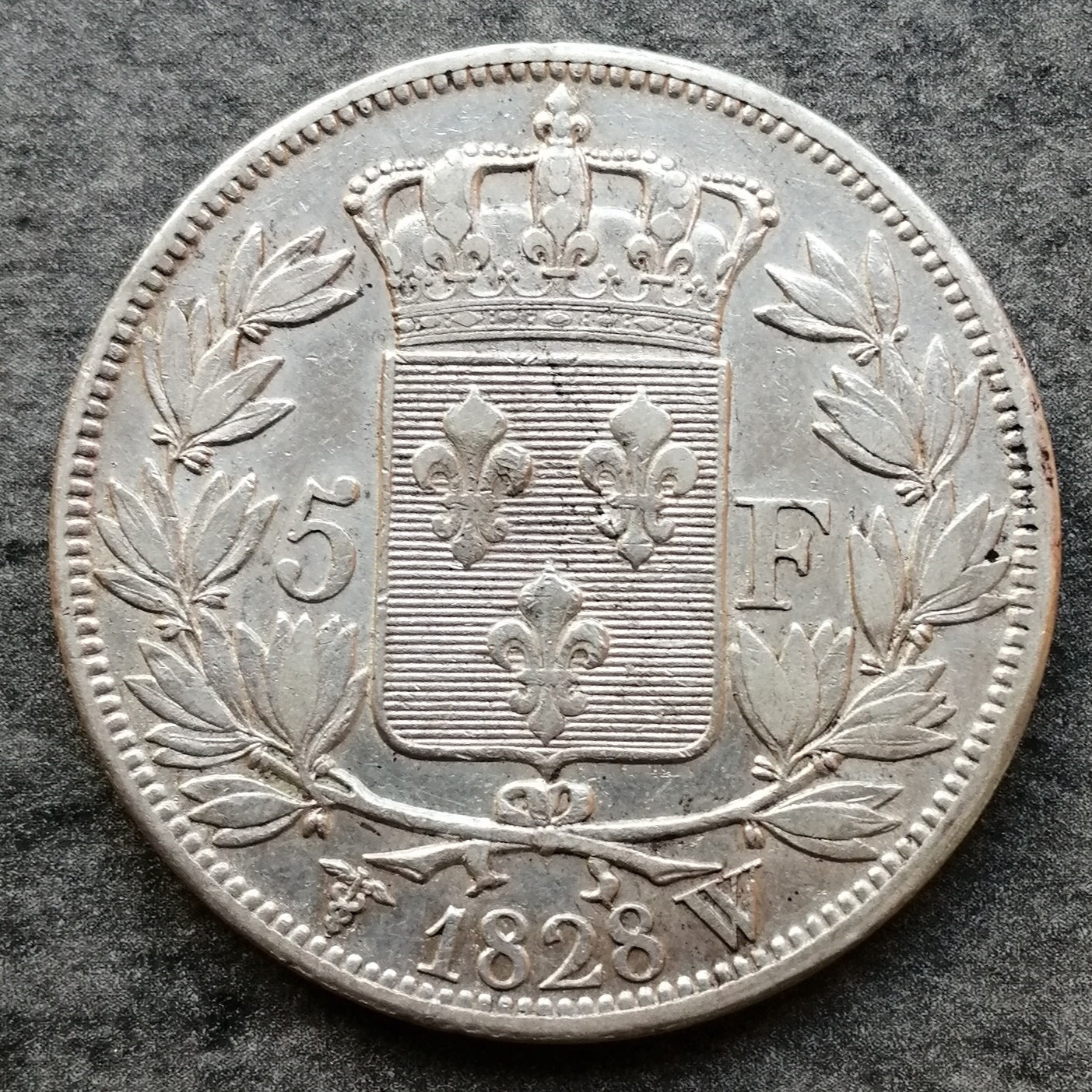 Carlos X (1824-1830) 5 francos 1828 W Lille Plata - 24,94 gr - G. 644