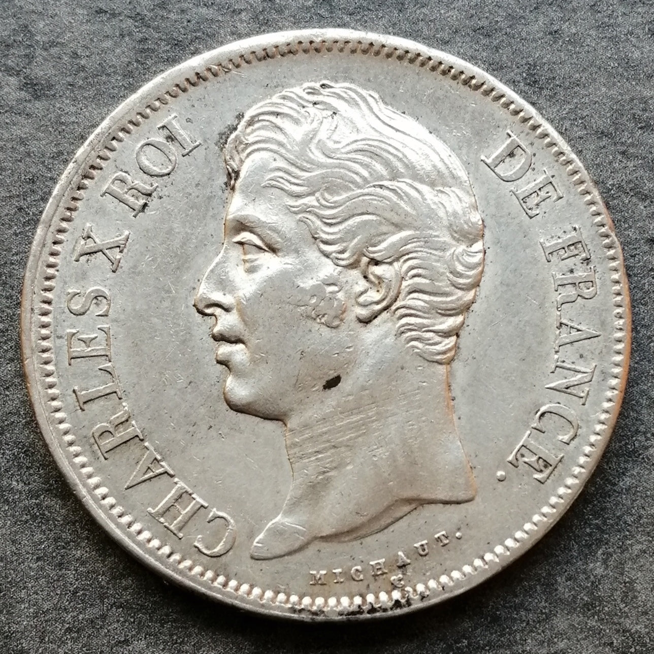 Carlos X (1824-1830) 5 francos 1827 W ​​Lille Plata - 25,20 gr - G. 644