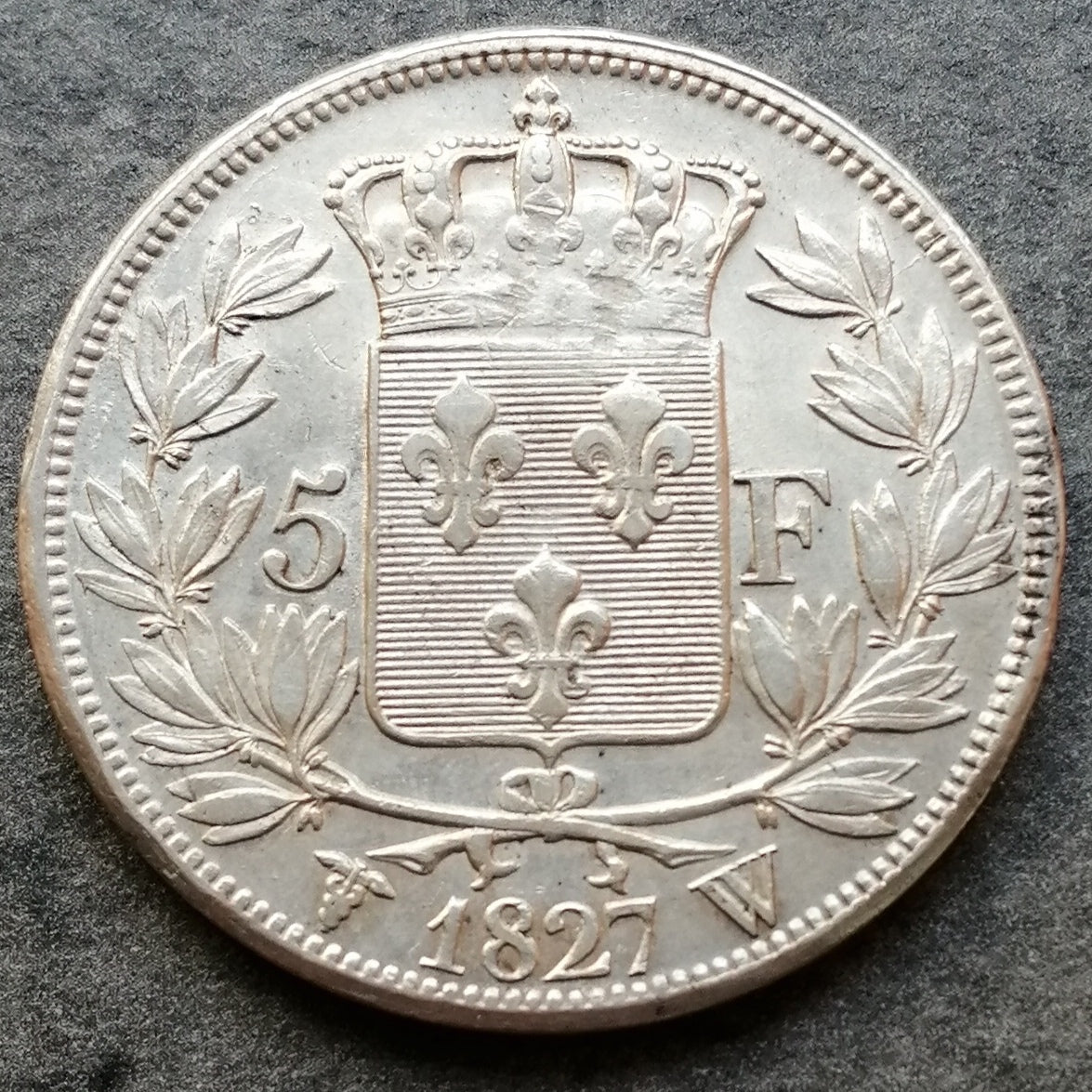 Carlos X (1824-1830) 5 francos 1827 W ​​Lille Plata - 25,20 gr - G. 644