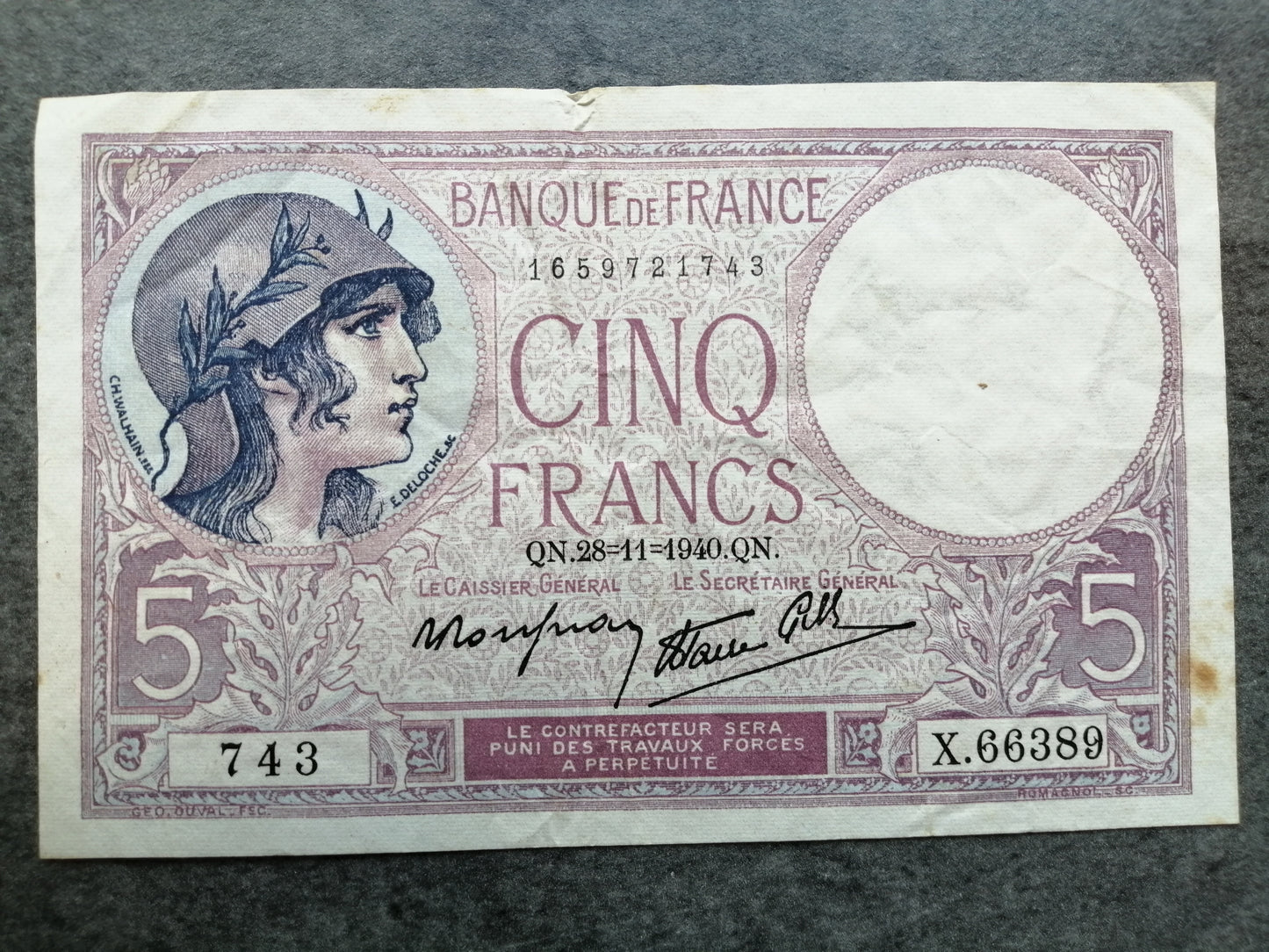 5 francos Púrpura - X.66389 - QN 28.11.1940