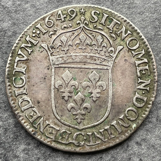 Luis XIV (1643-1715) 1/2 ecu con mecha larga 1649 C Saint Lô 13,49 gr