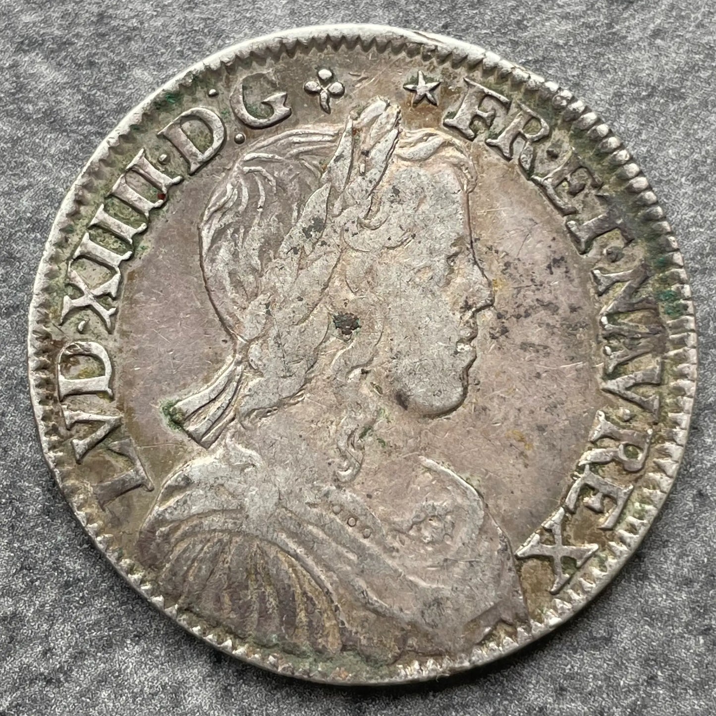 Luis XIV (1643-1715) 1/2 ecu con mecha larga 1649 C Saint Lô 13,49 gr