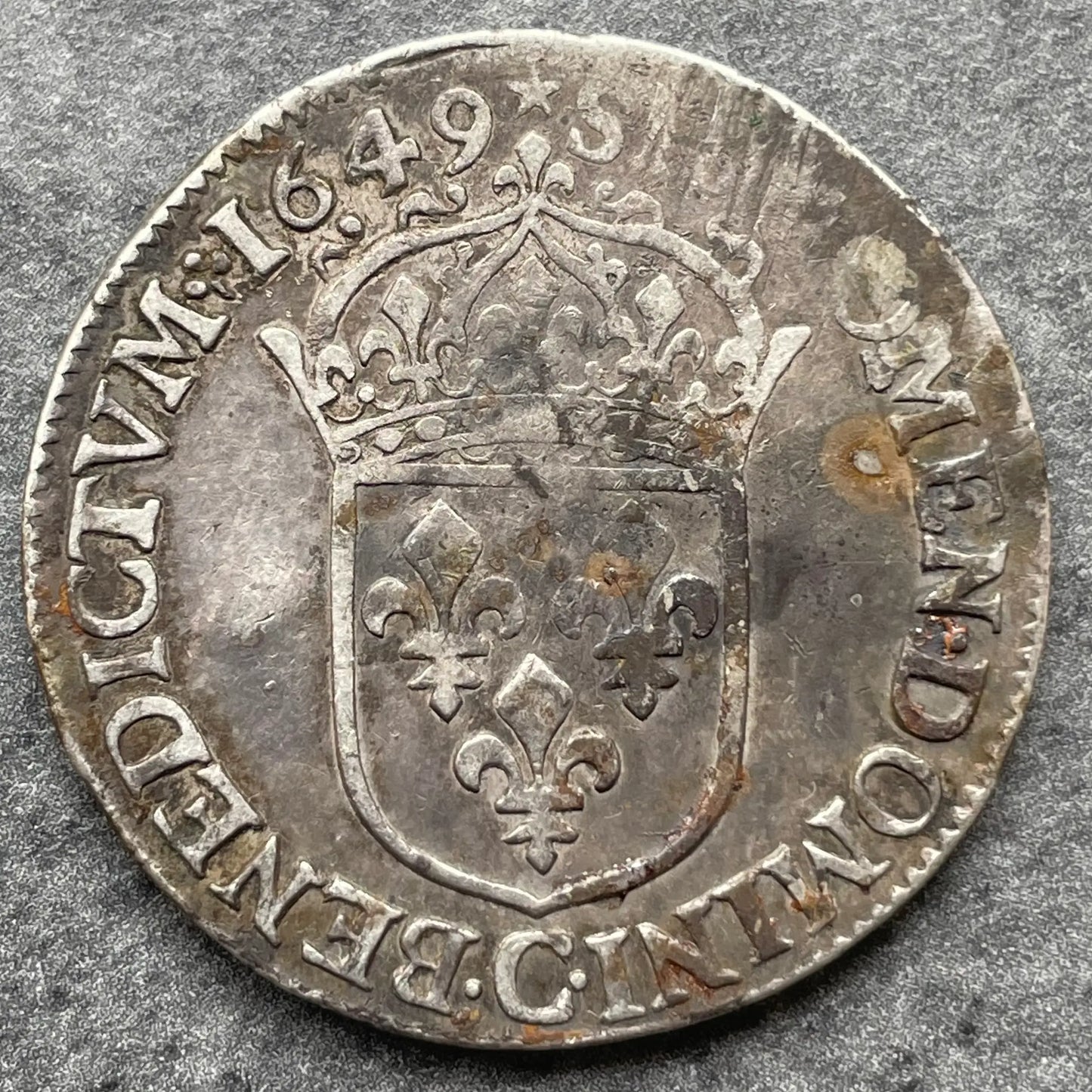 Luis XIV (1643-1715) 1/2 ecu con mecha larga 1649 C Saint Lô 13,45 gr