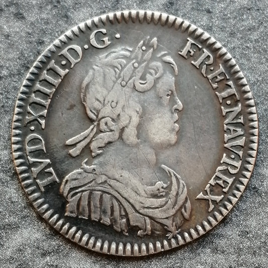 Luis XIV (1643-1715) 1/12 ecu con mecha corta 1644 A Paris 2,25 gr