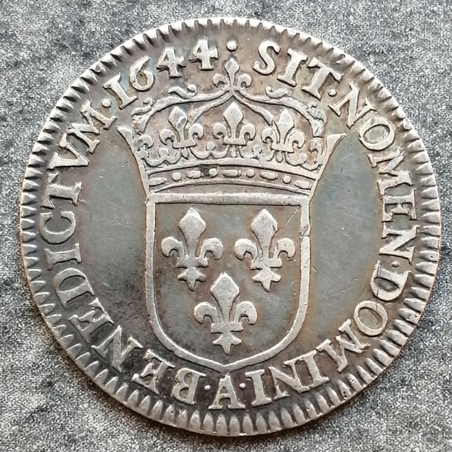 Luis XIV (1643-1715) 1/12 ecu con mecha corta 1644 A Paris 2,25 gr