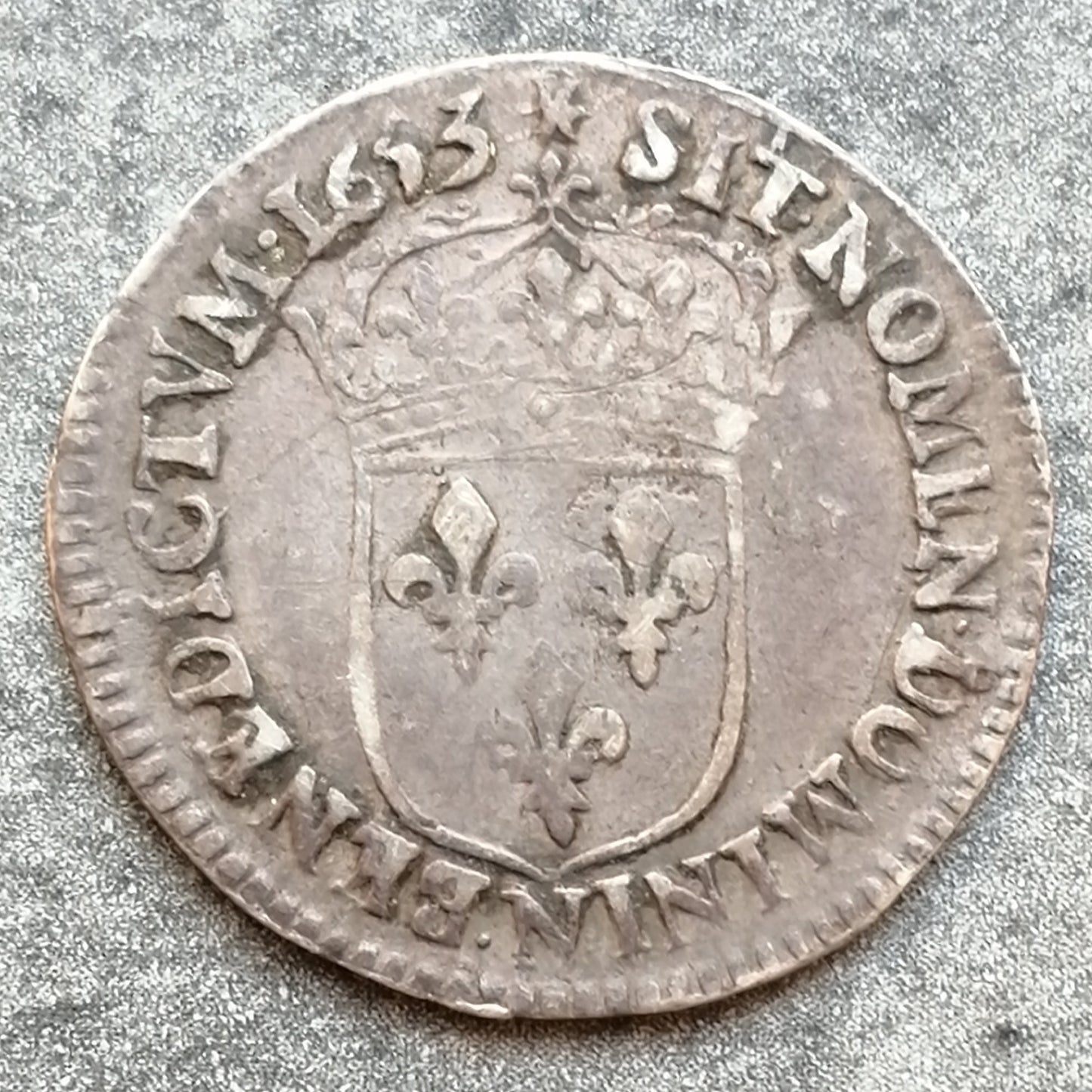 Luis XIV (1643-1715) 1/12 ecu con mecha larga 1653 N Montpellier 2,26 gr