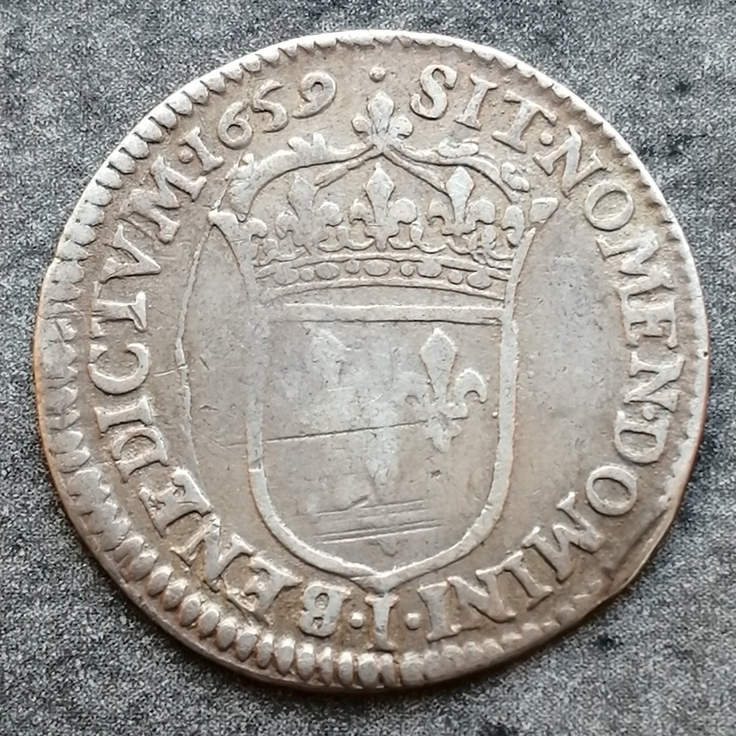 Luis XIV (1643-1715) 1/12 ecu con mecha larga 1659 I Limoges 2,22 gr