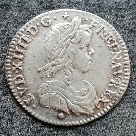 Luis XIV (1643-1715) 1/12 ecus con mecha larga 1660 D Lyon (Tour) 2,28 gr